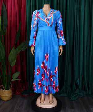 V-Neck Long Sleeve Slimming Print Pleated Long Skirt Dress Elegance