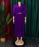 Fashion V Neck Solid Color Long Sleeve Maxi Skirt With Pleated Hem