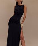 Round-Neck Backless Sleeveless Pleated Slit Dress Elegant Evening Cocktail Party Attire