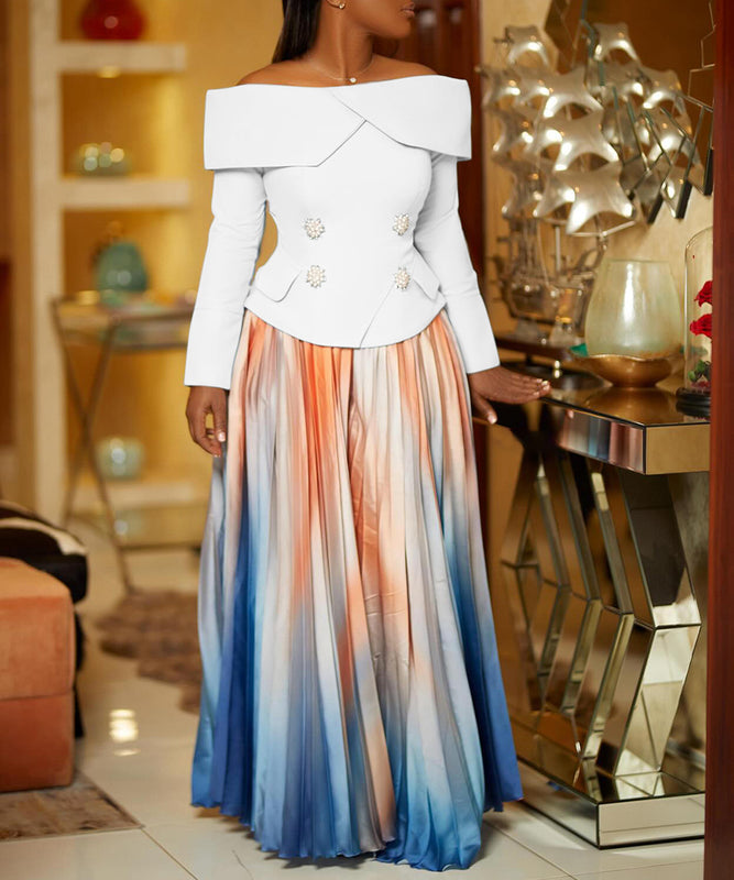 Elegant One-Line Collar Blouse Long Skirt Suit for Style