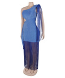 Asymmetric Single Shoulder Fringed Long Dress in Black Gold Blue