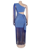 Asymmetric Single Shoulder Fringed Long Dress in Black Gold Blue