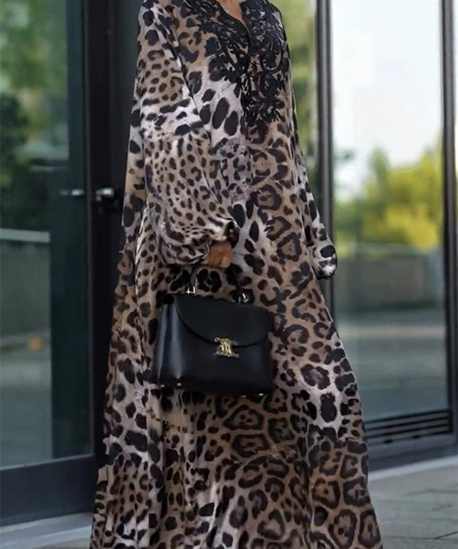 Long-Sleeved Dress with Loose Leopard Print