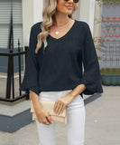 Chic V-neck Diamond Check Hollow-out Jacquard Horn Sleeve Loose T-shirt