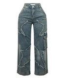 Star Fringe Hem Denim Trousers for Women Loose Straight