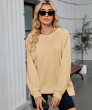 Solid Color Wavy Round Neck Long Sleeve Loose Fitting Shirt