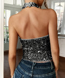 Elegant Black Or Silver Backless Sleeveless Top For Evening