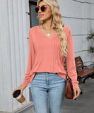 V Neck Striped Loose Long Sleeve T Shirt Nylon Elastane