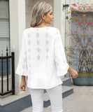 Chic V-neck Diamond Check Hollow-out Jacquard Horn Sleeve Loose T-shirt