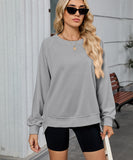 Solid Color Wavy Round Neck Long Sleeve Loose Fitting Shirt