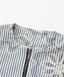 Embroidered Striped Round Neck Long Sleeve Women Jacket Blue