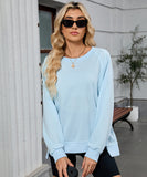 Solid Color Wavy Round Neck Long Sleeve Loose Fitting Shirt