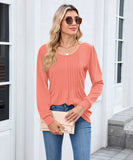 Solid Color Round Neck Striped Loose Long Sleeve T Shirt