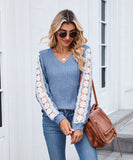 V Neck Loose Long Sleeve Lace Contrast Color T Shirt