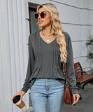 V Neck Striped Loose Long Sleeve T Shirt Nylon Elastane