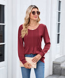 Solid Color Round Neck Striped Loose Long Sleeve T Shirt