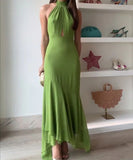 Backless Ruffled Solid Midi Dress