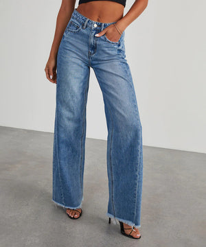 Women Loose Wide Leg Jeans Frayed Bottom And Stitching Blue