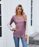 V Neck Loose Long Sleeve Lace Contrast Color T Shirt