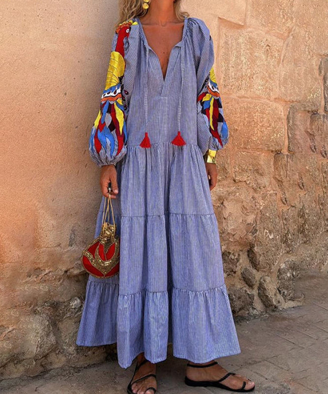 Striped Printed Dress With V-Neck Lantern Sleeves in Blue
