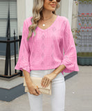 Chic V-neck Diamond Check Hollow-out Jacquard Horn Sleeve Loose T-shirt