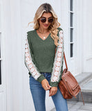 V Neck Loose Long Sleeve Lace Contrast Color T Shirt