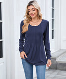 Solid Color Round Neck Striped Loose Long Sleeve T Shirt
