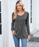 Solid Color Round Neck Striped Loose Long Sleeve T Shirt