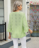 Chic V-neck Diamond Check Hollow-out Jacquard Horn Sleeve Loose T-shirt