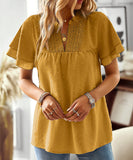 Casual V Neck Wave Collar Blouse For Women Yellow Polyester