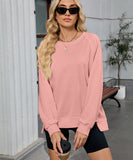 Solid Color Wavy Round Neck Long Sleeve Loose Fitting Shirt