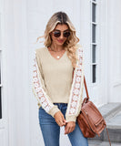 V Neck Loose Long Sleeve Lace Contrast Color T Shirt