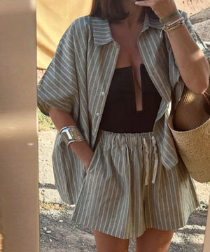 Relaxed Striped Shirt Set With Pocketed Shorts Outfit