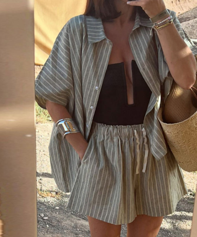 Relaxed Striped Shirt Set With Pocketed Shorts Outfit