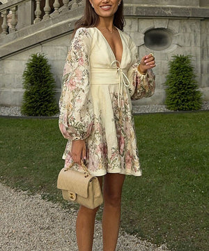 V-Neck Lantern Sleeve Print Lace-Up Dress - New Trend Appeal