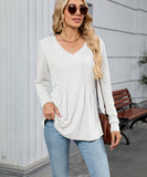 V Neck Striped Loose Long Sleeve T Shirt Nylon Elastane