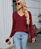 V Neck Striped Loose Long Sleeve T Shirt Nylon Elastane