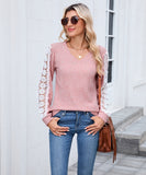 V Neck Loose Long Sleeve Lace Contrast Color T Shirt