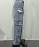 Multi Pocket Hand Drilled Washed Denim Jeans for Casual Style