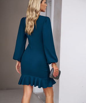 Solid Color Dress with Elegant Puffy Sleeves