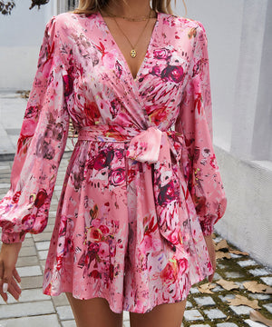 Contrasting Color Printed Long Sleeved High Waisted One Piece Pants