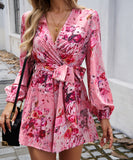 Contrasting Color Printed Long Sleeved High Waisted One Piece Pants