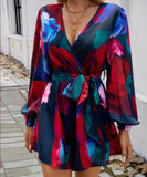 Contrasting Color Printed Long Sleeved High Waisted One Piece Pants