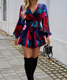 Contrasting Color Printed Long Sleeved High Waisted One Piece Pants