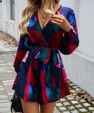 Contrasting Color Printed Long Sleeved High Waisted One Piece Pants