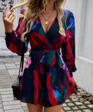 Contrasting Color Printed Long Sleeved High Waisted One Piece Pants