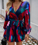 Contrasting Color Printed Long Sleeved High Waisted One Piece Pants