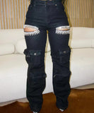 Multi Pocket Hand Drilled Washed Denim Jeans for Casual Style