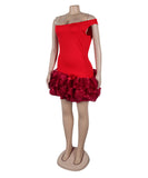 Chic Sleeveless Skew Shoulder Stretch Slim Mesh Dress with Wooden Ear Lace