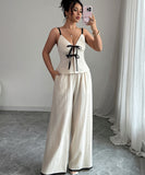 Beige Cotton Two Piece Wide Leg Suspender Pants Set Women